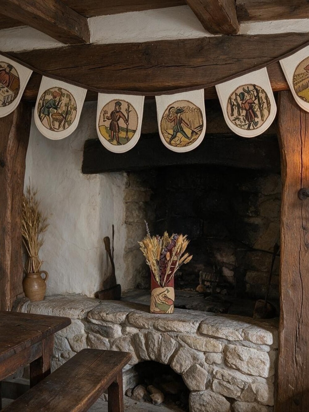 Medieval Harvest Embroidered Pennant Garland Handmade 6' New Wall Vase